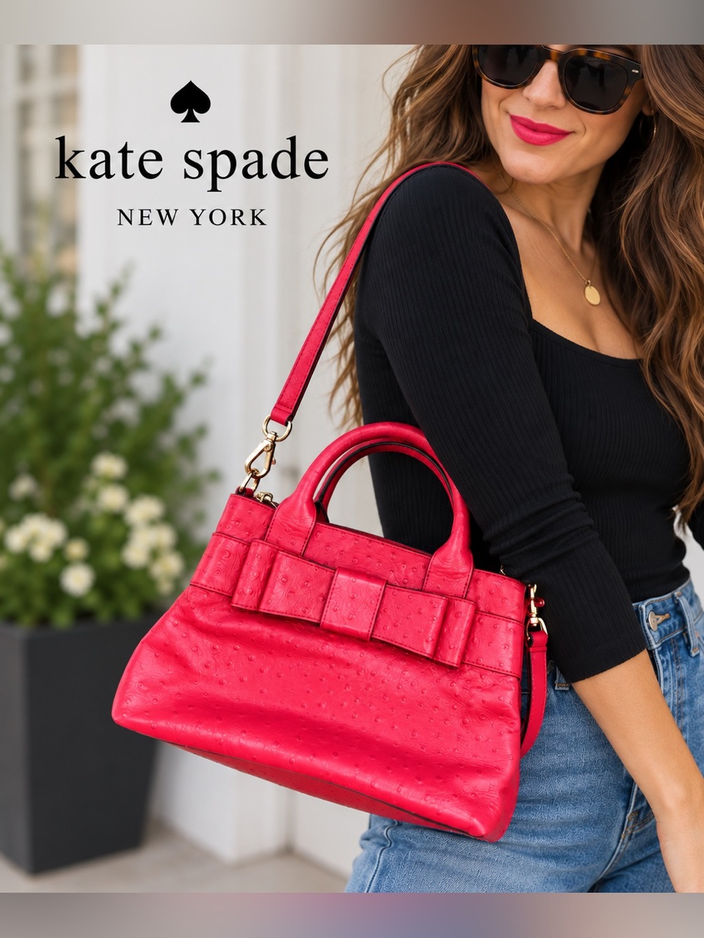 Kate Spade Red Pink Charm City Ostrich Embossed Provence Satchel